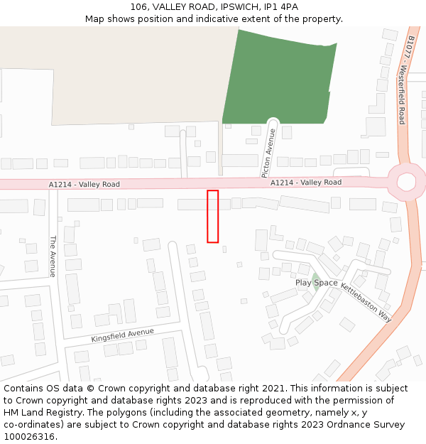 106, VALLEY ROAD, IPSWICH, IP1 4PA: Location map and indicative extent of plot