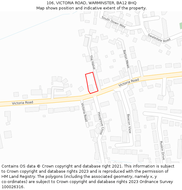 106, VICTORIA ROAD, WARMINSTER, BA12 8HQ: Location map and indicative extent of plot