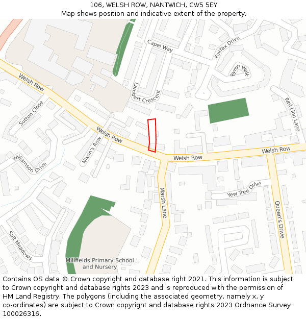 106, WELSH ROW, NANTWICH, CW5 5EY: Location map and indicative extent of plot