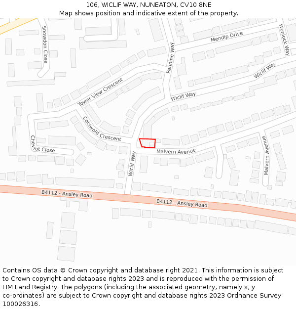 106, WICLIF WAY, NUNEATON, CV10 8NE: Location map and indicative extent of plot