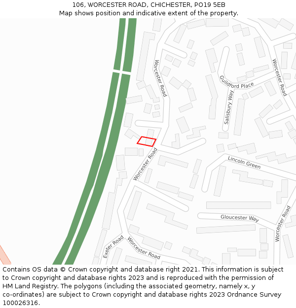 106, WORCESTER ROAD, CHICHESTER, PO19 5EB: Location map and indicative extent of plot