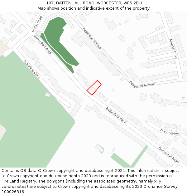 107, BATTENHALL ROAD, WORCESTER, WR5 2BU: Location map and indicative extent of plot