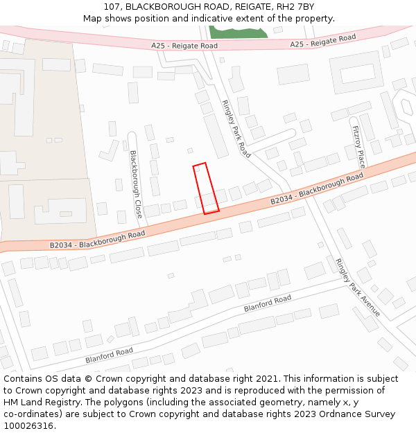 107, BLACKBOROUGH ROAD, REIGATE, RH2 7BY: Location map and indicative extent of plot