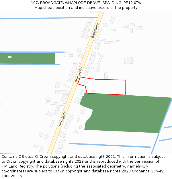 107, BROADGATE, WHAPLODE DROVE, SPALDING, PE12 0TW: Location map and indicative extent of plot