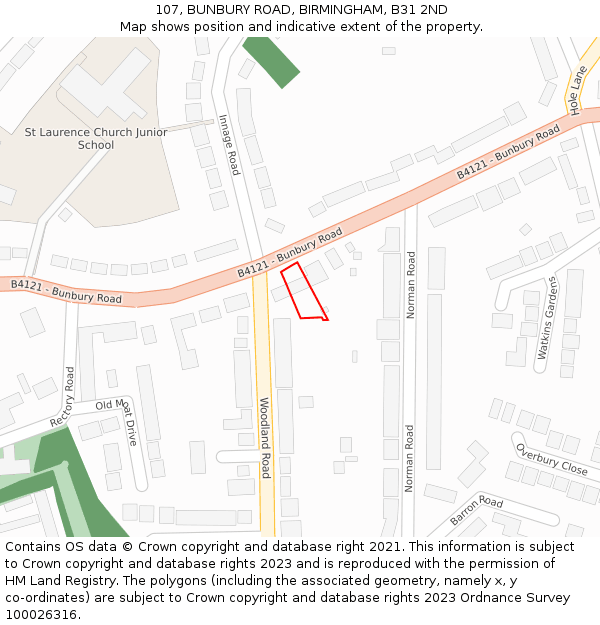 107, BUNBURY ROAD, BIRMINGHAM, B31 2ND: Location map and indicative extent of plot