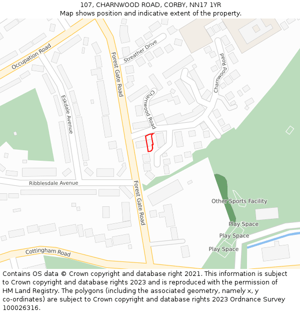 107, CHARNWOOD ROAD, CORBY, NN17 1YR: Location map and indicative extent of plot