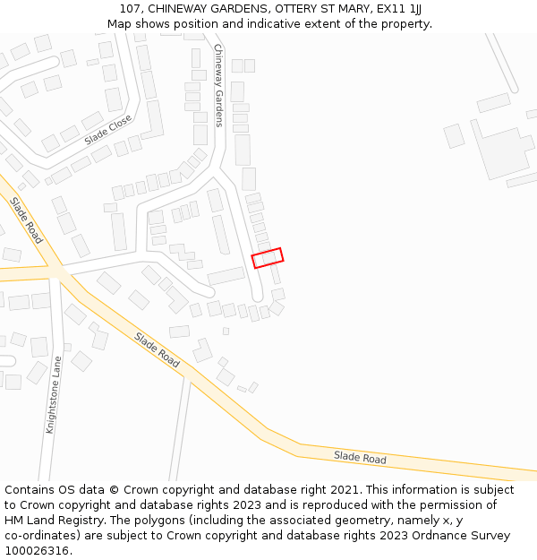 107, CHINEWAY GARDENS, OTTERY ST MARY, EX11 1JJ: Location map and indicative extent of plot