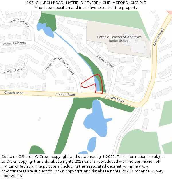 107, CHURCH ROAD, HATFIELD PEVEREL, CHELMSFORD, CM3 2LB: Location map and indicative extent of plot