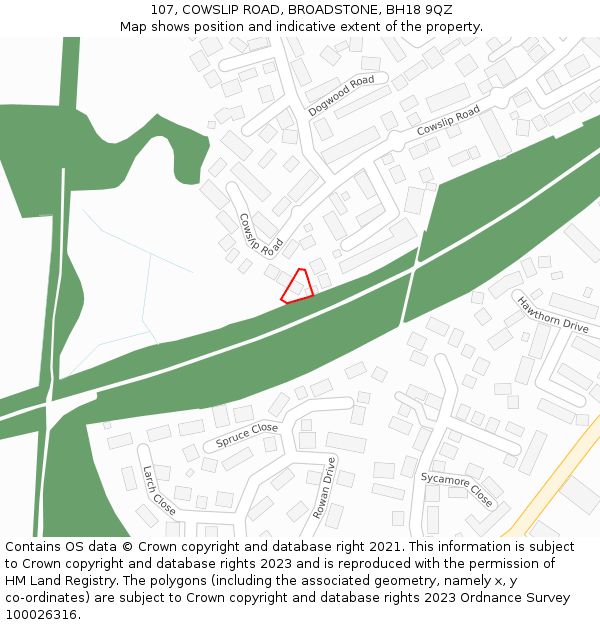 107, COWSLIP ROAD, BROADSTONE, BH18 9QZ: Location map and indicative extent of plot