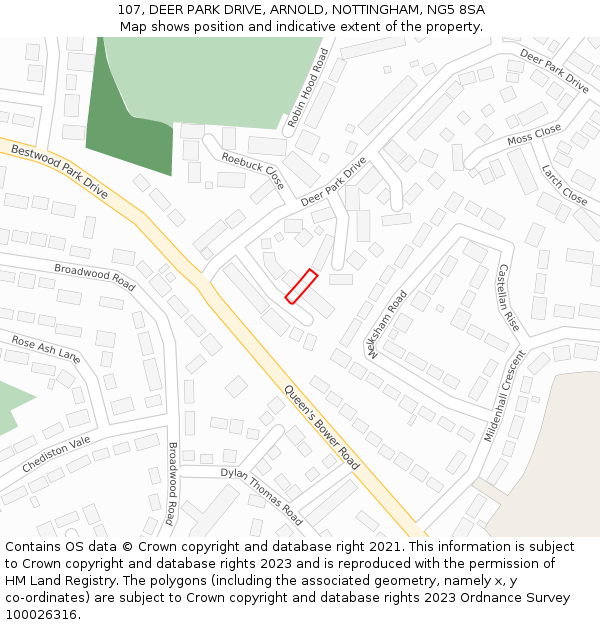 107, DEER PARK DRIVE, ARNOLD, NOTTINGHAM, NG5 8SA: Location map and indicative extent of plot