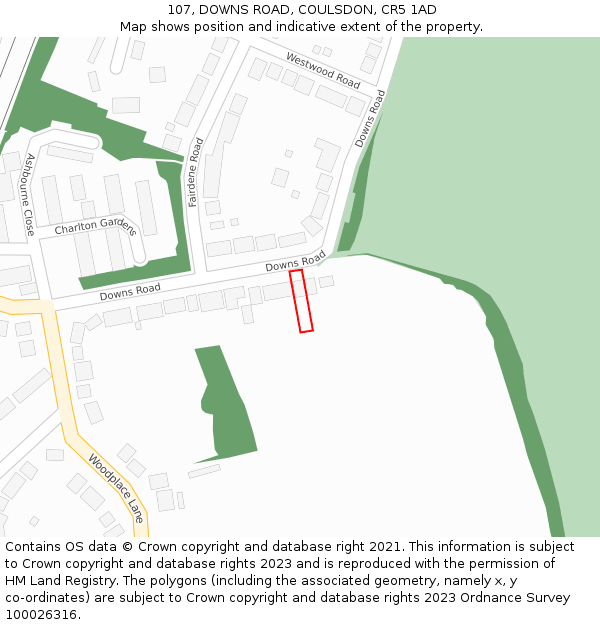 107, DOWNS ROAD, COULSDON, CR5 1AD: Location map and indicative extent of plot
