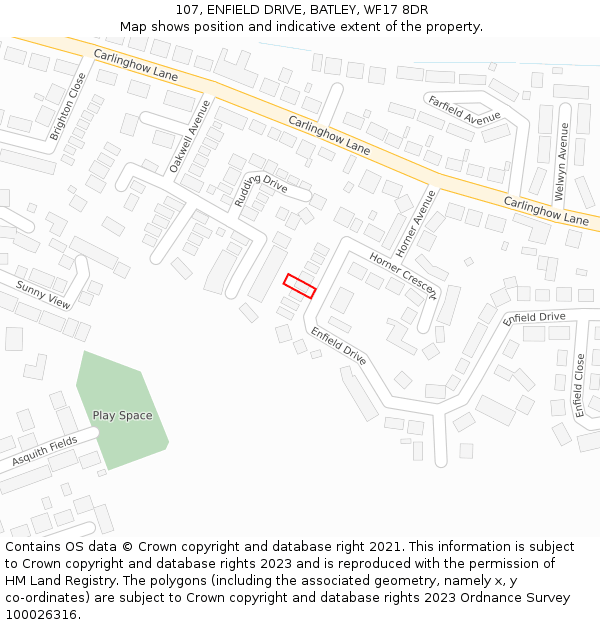 107, ENFIELD DRIVE, BATLEY, WF17 8DR: Location map and indicative extent of plot