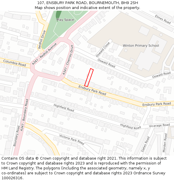 107, ENSBURY PARK ROAD, BOURNEMOUTH, BH9 2SH: Location map and indicative extent of plot