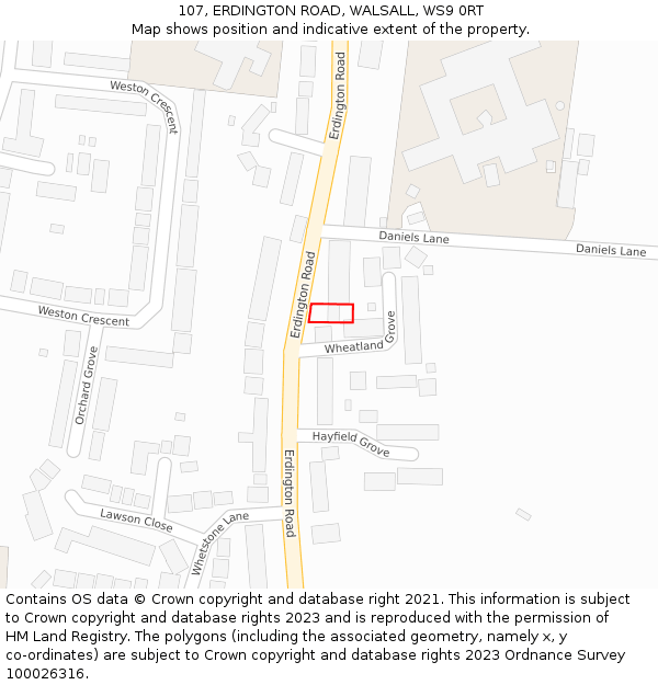 107, ERDINGTON ROAD, WALSALL, WS9 0RT: Location map and indicative extent of plot