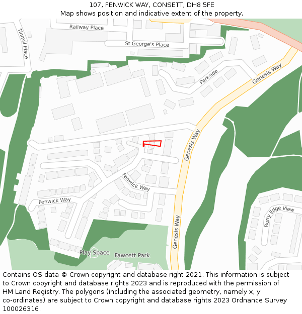 107, FENWICK WAY, CONSETT, DH8 5FE: Location map and indicative extent of plot