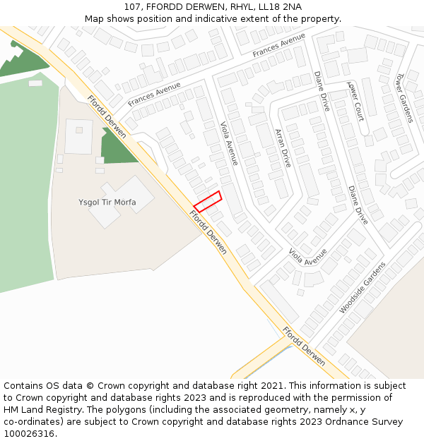 107, FFORDD DERWEN, RHYL, LL18 2NA: Location map and indicative extent of plot