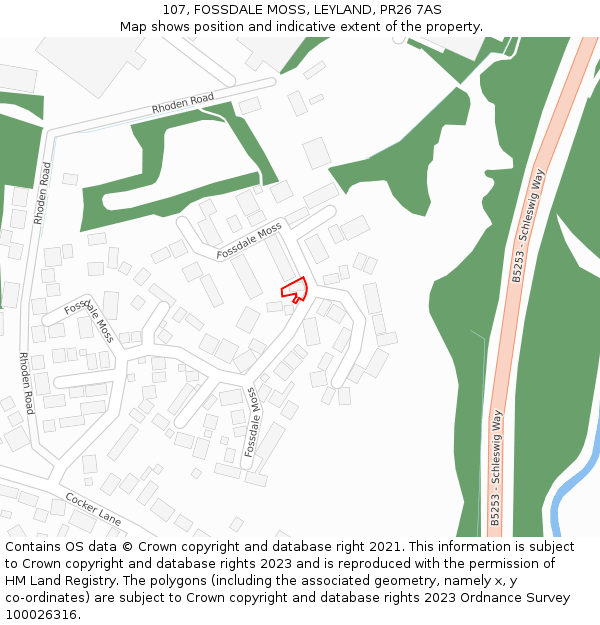 107, FOSSDALE MOSS, LEYLAND, PR26 7AS: Location map and indicative extent of plot