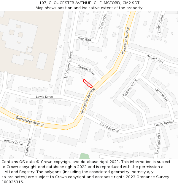 107, GLOUCESTER AVENUE, CHELMSFORD, CM2 9DT: Location map and indicative extent of plot