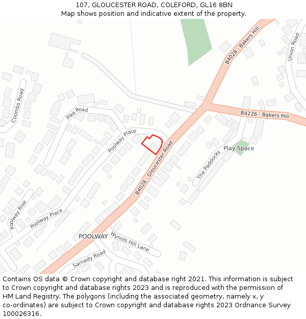 107, GLOUCESTER ROAD, COLEFORD, GL16 8BN: Location map and indicative extent of plot
