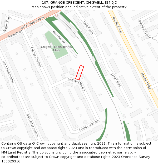 107, GRANGE CRESCENT, CHIGWELL, IG7 5JD: Location map and indicative extent of plot