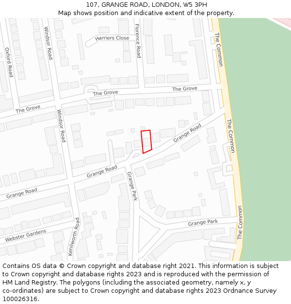 107, GRANGE ROAD, LONDON, W5 3PH: Location map and indicative extent of plot