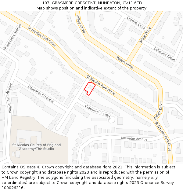 107, GRASMERE CRESCENT, NUNEATON, CV11 6EB: Location map and indicative extent of plot