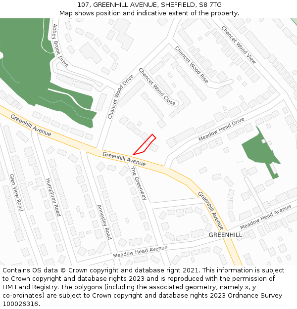 107, GREENHILL AVENUE, SHEFFIELD, S8 7TG: Location map and indicative extent of plot