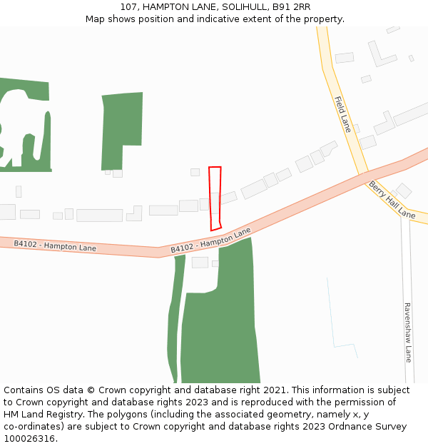 107, HAMPTON LANE, SOLIHULL, B91 2RR: Location map and indicative extent of plot