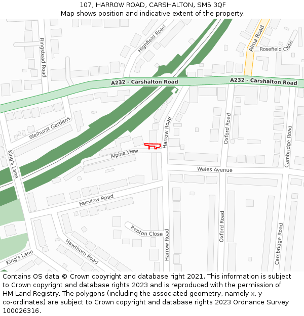 107, HARROW ROAD, CARSHALTON, SM5 3QF: Location map and indicative extent of plot