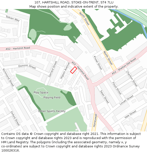107, HARTSHILL ROAD, STOKE-ON-TRENT, ST4 7LU: Location map and indicative extent of plot