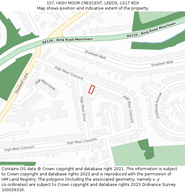 107, HIGH MOOR CRESCENT, LEEDS, LS17 6DX: Location map and indicative extent of plot