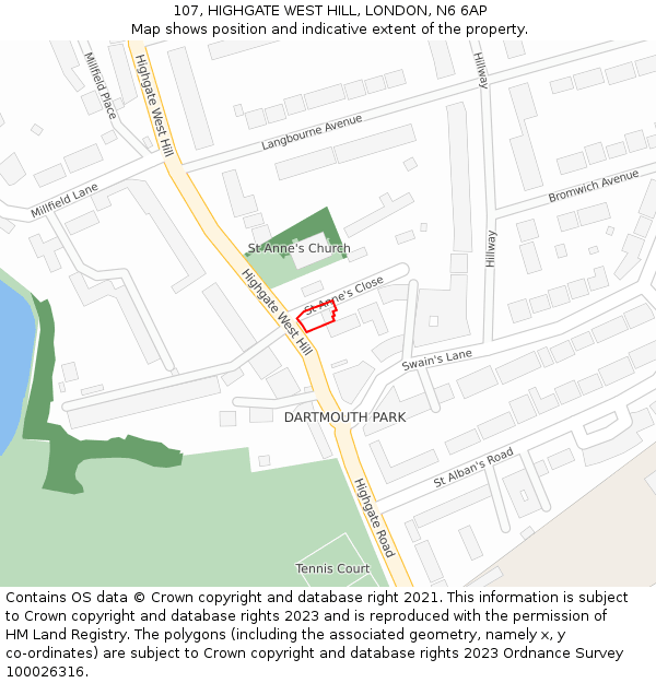 107, HIGHGATE WEST HILL, LONDON, N6 6AP: Location map and indicative extent of plot