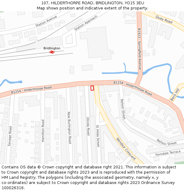 107, HILDERTHORPE ROAD, BRIDLINGTON, YO15 3EU: Location map and indicative extent of plot