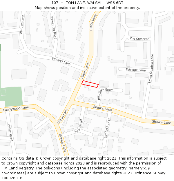 107, HILTON LANE, WALSALL, WS6 6DT: Location map and indicative extent of plot