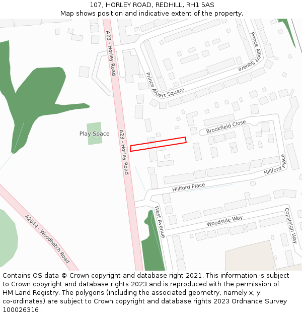 107, HORLEY ROAD, REDHILL, RH1 5AS: Location map and indicative extent of plot