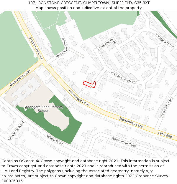 107, IRONSTONE CRESCENT, CHAPELTOWN, SHEFFIELD, S35 3XT: Location map and indicative extent of plot