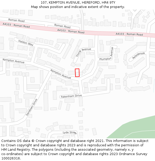 107, KEMPTON AVENUE, HEREFORD, HR4 9TY: Location map and indicative extent of plot
