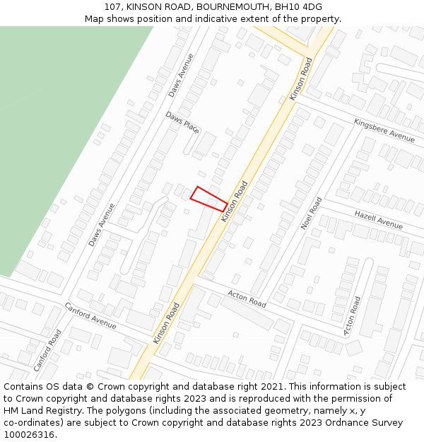 107, KINSON ROAD, BOURNEMOUTH, BH10 4DG: Location map and indicative extent of plot