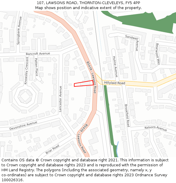 107, LAWSONS ROAD, THORNTON-CLEVELEYS, FY5 4PP: Location map and indicative extent of plot