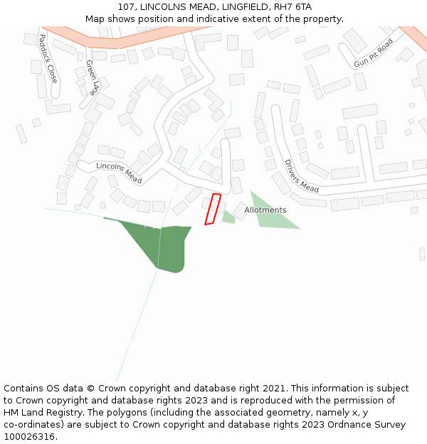 107, LINCOLNS MEAD, LINGFIELD, RH7 6TA: Location map and indicative extent of plot