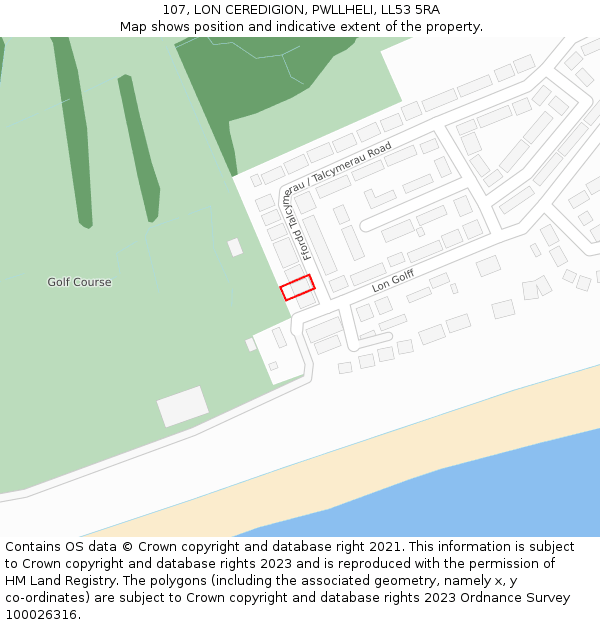 107, LON CEREDIGION, PWLLHELI, LL53 5RA: Location map and indicative extent of plot