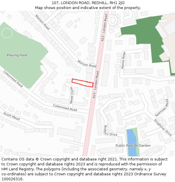 107, LONDON ROAD, REDHILL, RH1 2JG: Location map and indicative extent of plot