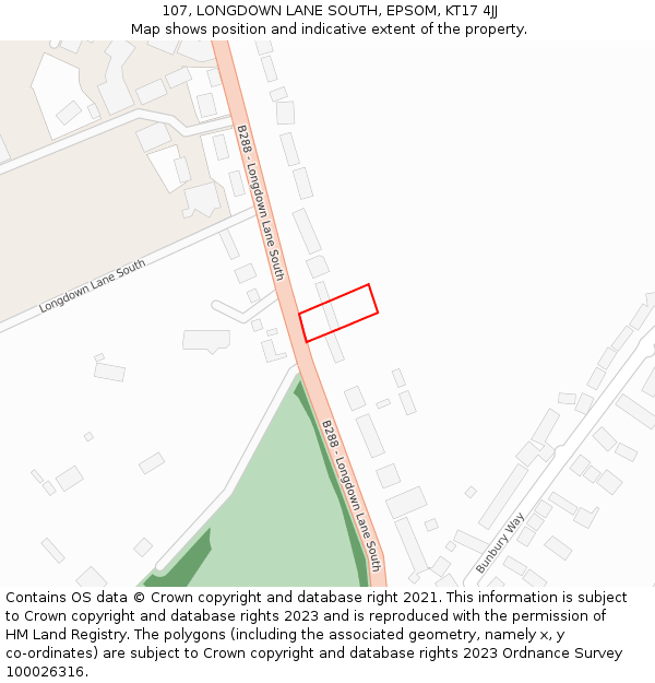 107, LONGDOWN LANE SOUTH, EPSOM, KT17 4JJ: Location map and indicative extent of plot