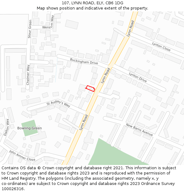 107, LYNN ROAD, ELY, CB6 1DG: Location map and indicative extent of plot