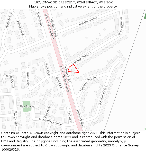 107, LYNWOOD CRESCENT, PONTEFRACT, WF8 3QX: Location map and indicative extent of plot