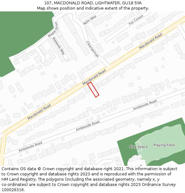 107, MACDONALD ROAD, LIGHTWATER, GU18 5YA: Location map and indicative extent of plot