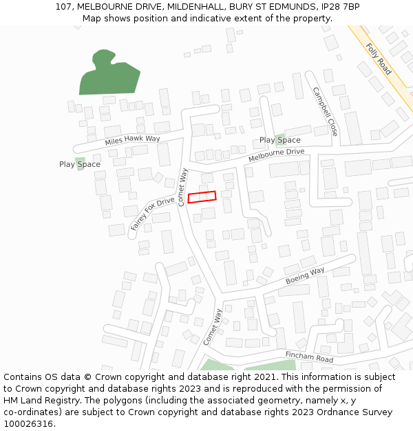 107, MELBOURNE DRIVE, MILDENHALL, BURY ST EDMUNDS, IP28 7BP: Location map and indicative extent of plot