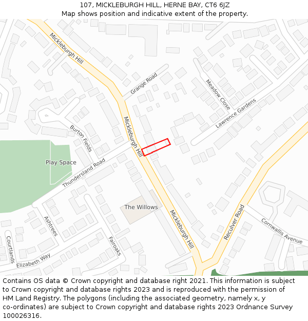 107, MICKLEBURGH HILL, HERNE BAY, CT6 6JZ: Location map and indicative extent of plot