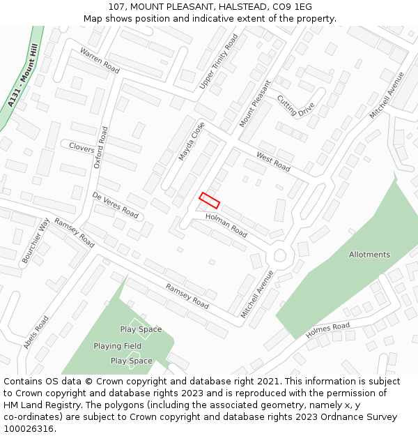 107, MOUNT PLEASANT, HALSTEAD, CO9 1EG: Location map and indicative extent of plot