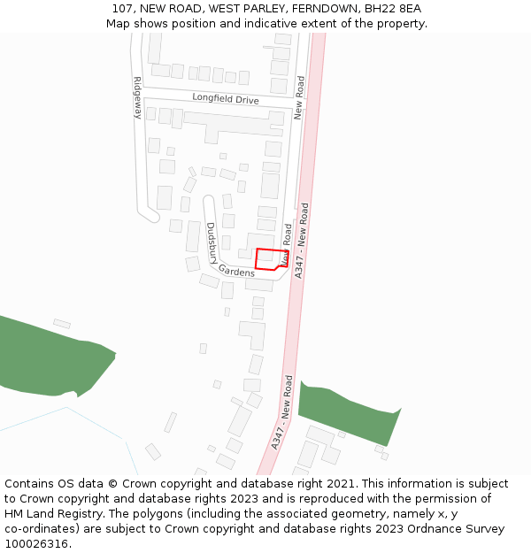 107, NEW ROAD, WEST PARLEY, FERNDOWN, BH22 8EA: Location map and indicative extent of plot